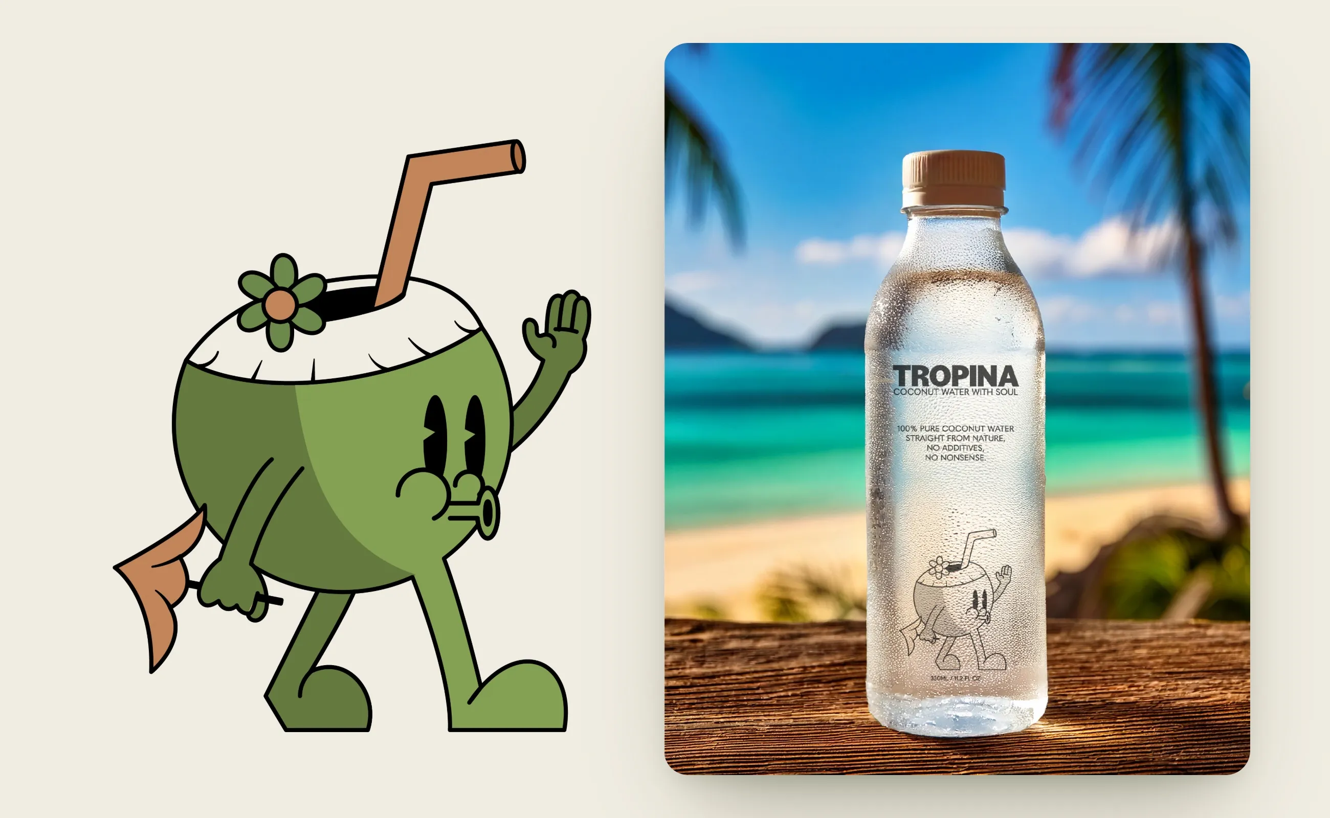 Tropino, the walking coconut mascot, on cream beside a Tropina bottle concept mockup