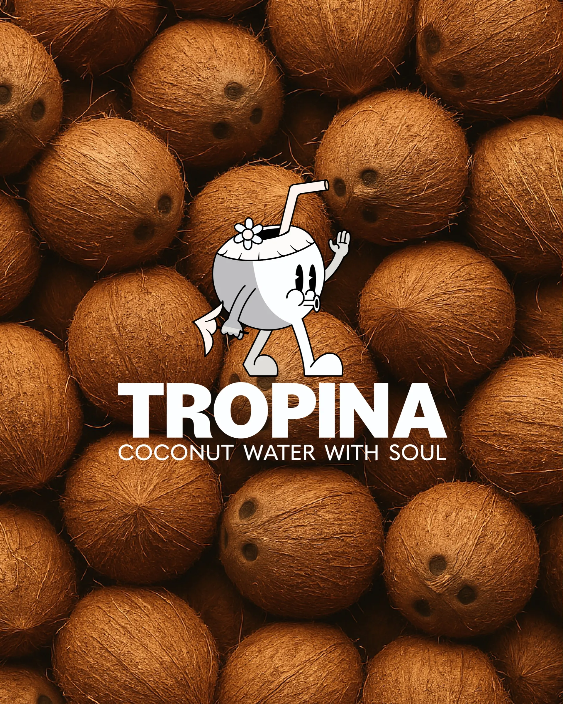 Tropina logo with Tropino over a pile of coconuts
