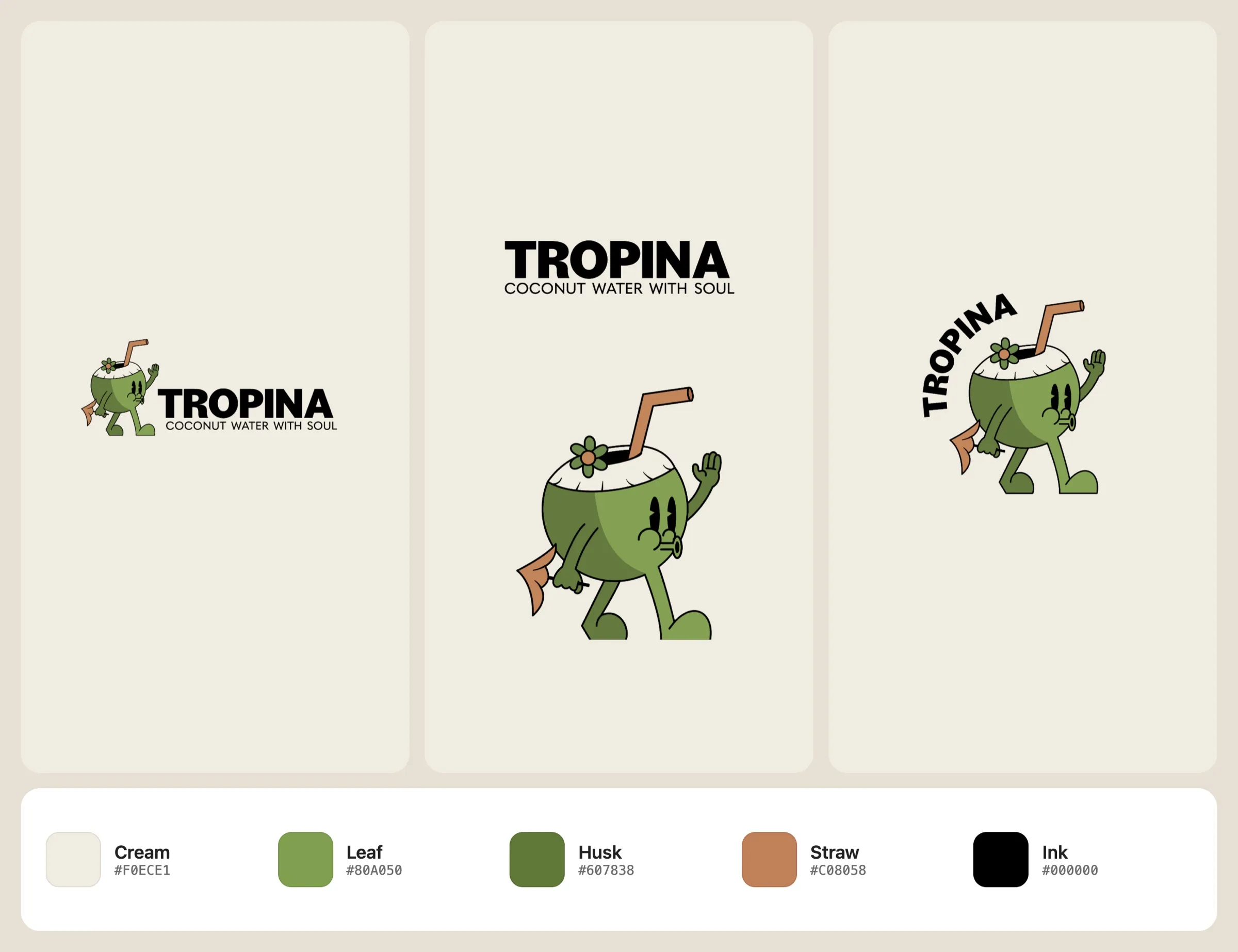 Tropina brand board: horizontal lockup, stacked wordmark with Tropino, circular badge, and the palette of cream, leaf, husk, straw and ink