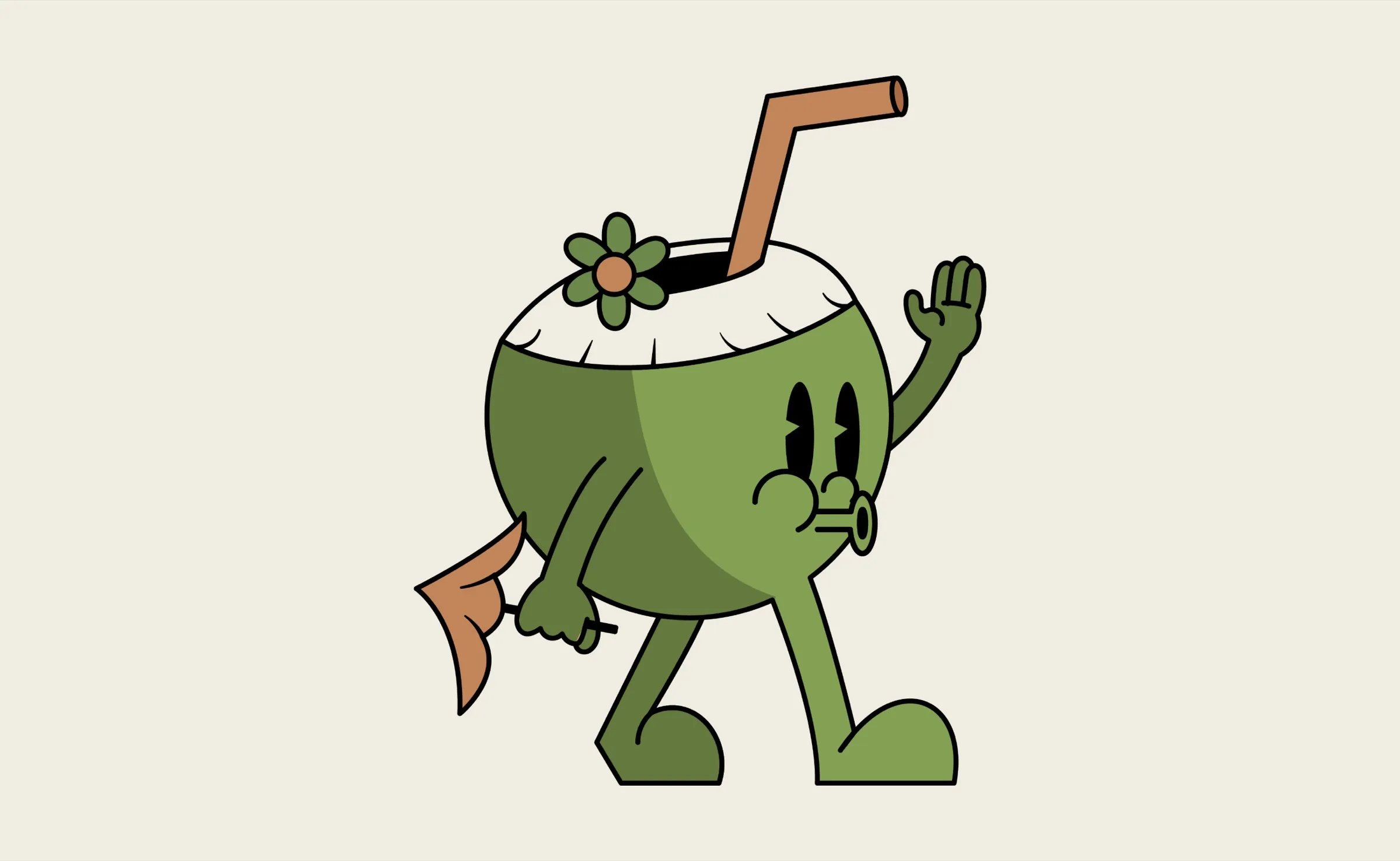 Tropino, the Tropina mascot: a green walking coconut with a straw and a flower, waving